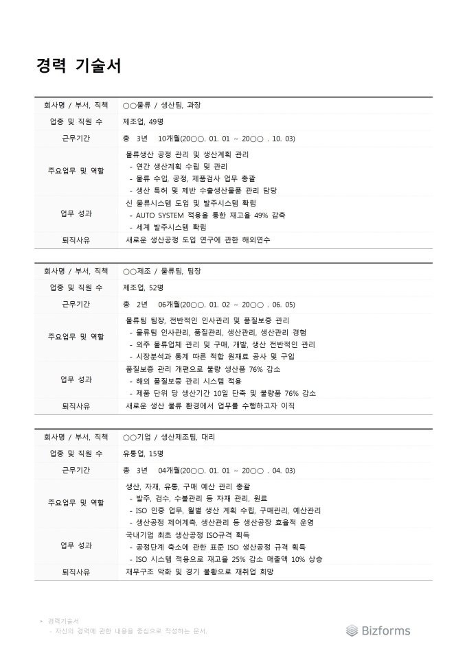 경력기술서(생산) 미리보기