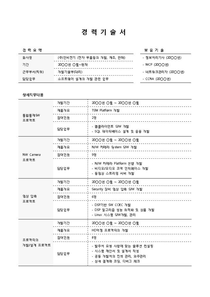 경력기술서(영상 소프트웨어개발)_전문가 감수 미리보기