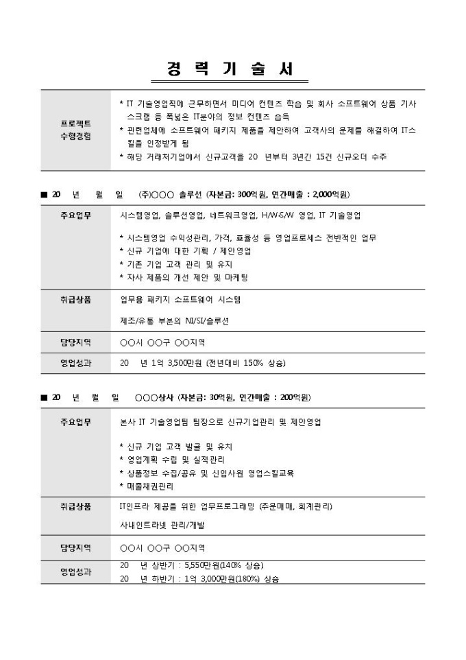 경력기술서(IT 기술영업)_전문가 감수 미리보기