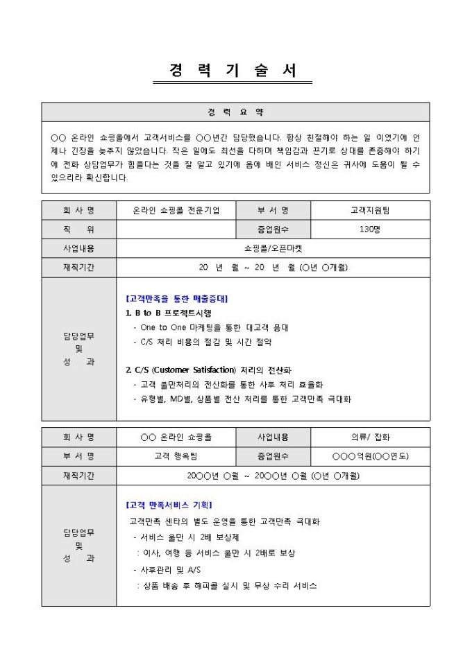 경력기술서(CS 쇼핑몰)_전문가 감수 미리보기