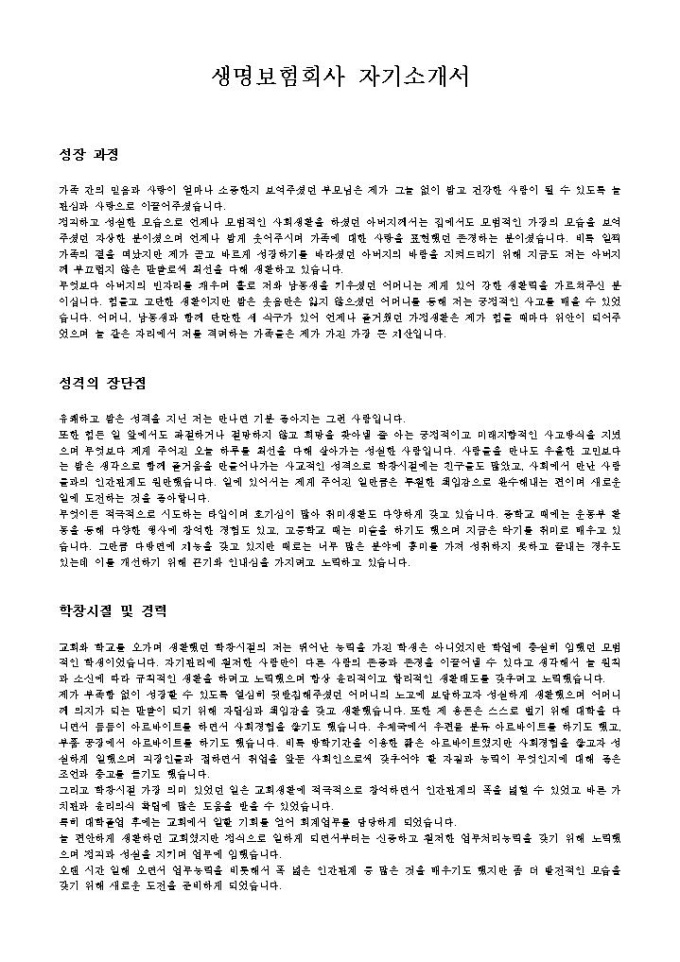 생명보험회사 자기소개서 미리보기