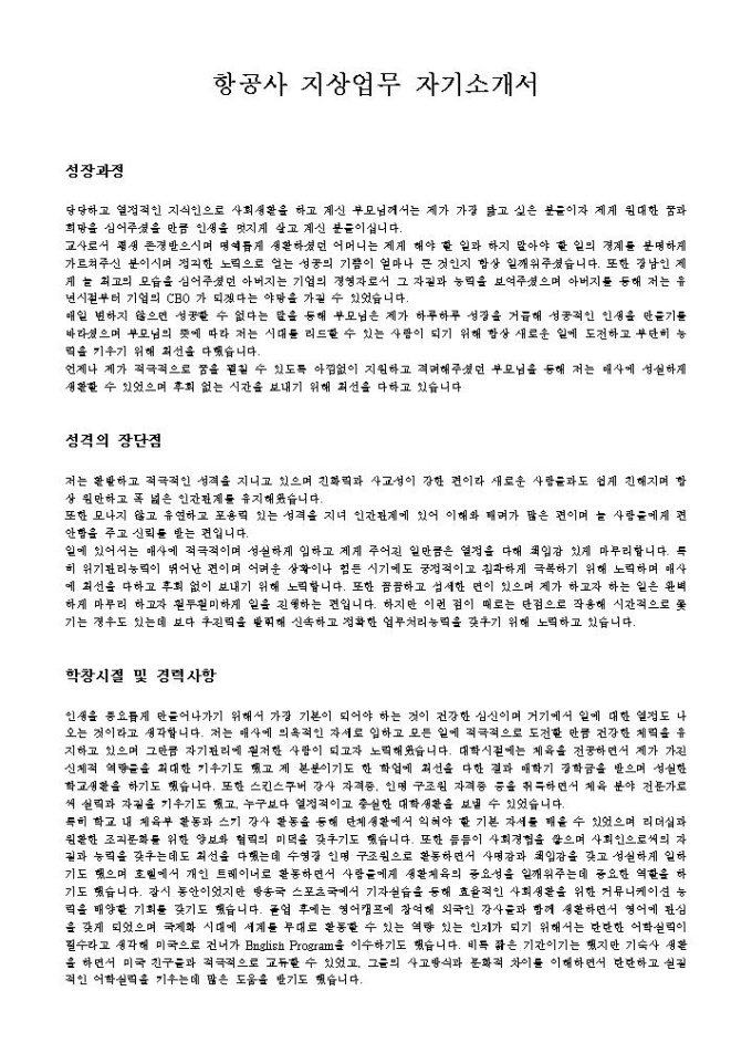 항공사 지상업무 자기소개서 미리보기