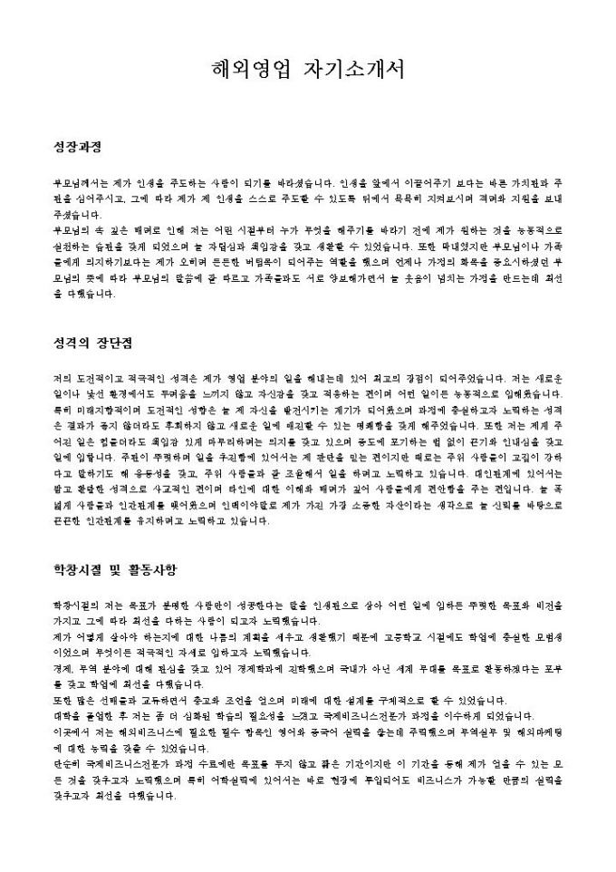 해외영업 자기소개서 미리보기