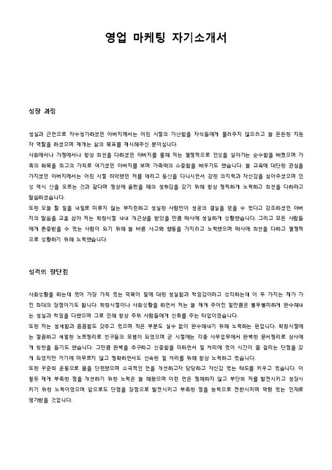 영업 마케팅 자기소개서 미리보기