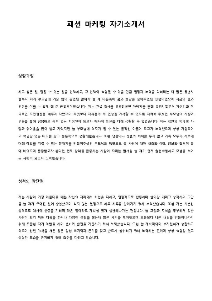 패션 마케팅 자기소개서 미리보기
