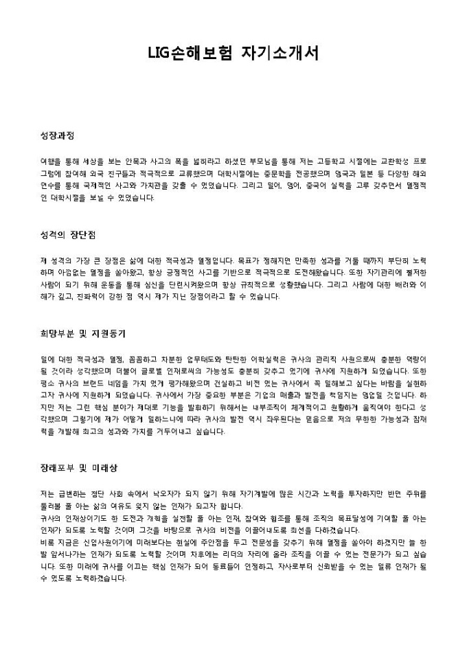 LIG손해보험 자기소개서 미리보기