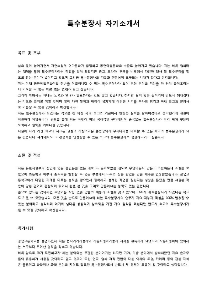 특수분장사 자기소개서 미리보기