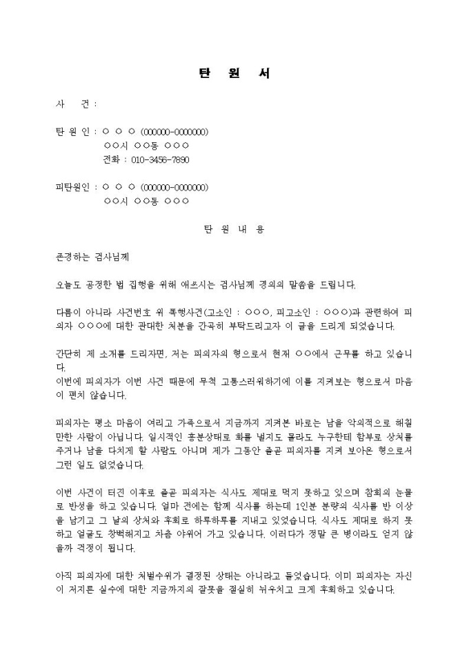 (탄원서)동생의 폭행사건에 대하여 형이 선처 호소 미리보기