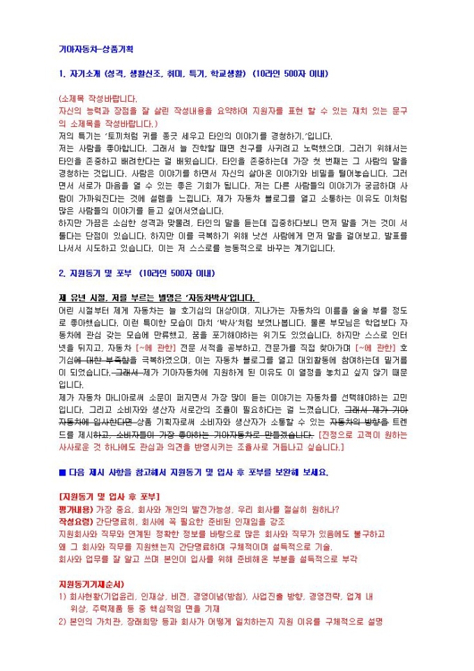 기아자동차 상품기획 자기소개서 미리보기
