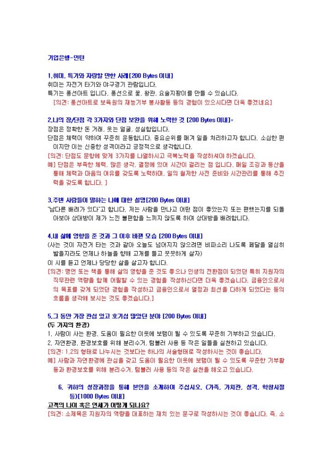 기업은행 인턴 자기소개서 미리보기