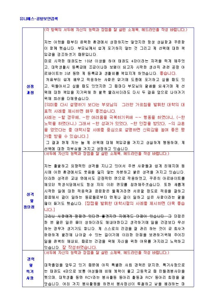 유니에스 공항보안검색 자기소개서 미리보기
