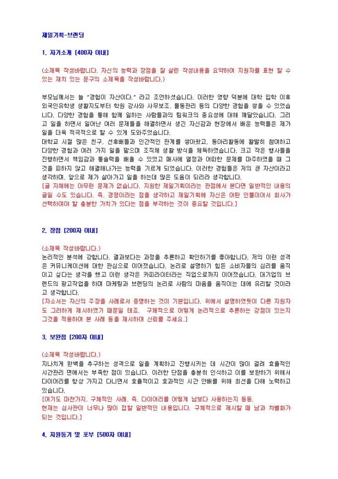 제일기획 브랜딩 자기소개서 미리보기