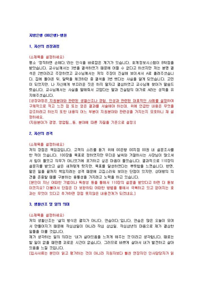 지방은행 은행원 자기소개서 01 미리보기