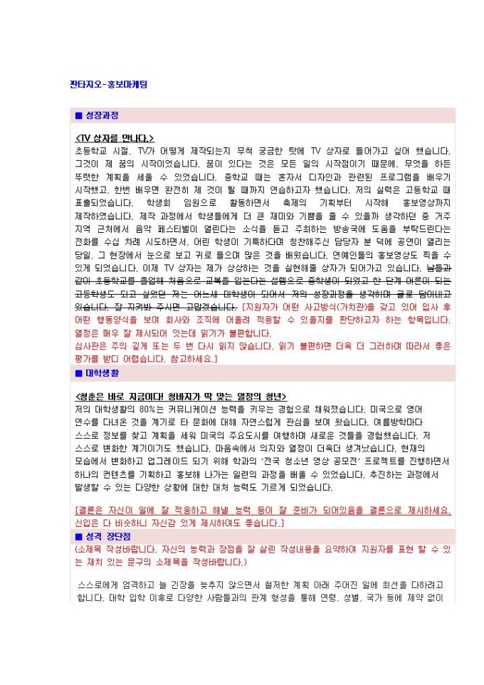 판타지오 홍보마케팅 자기소개서 미리보기