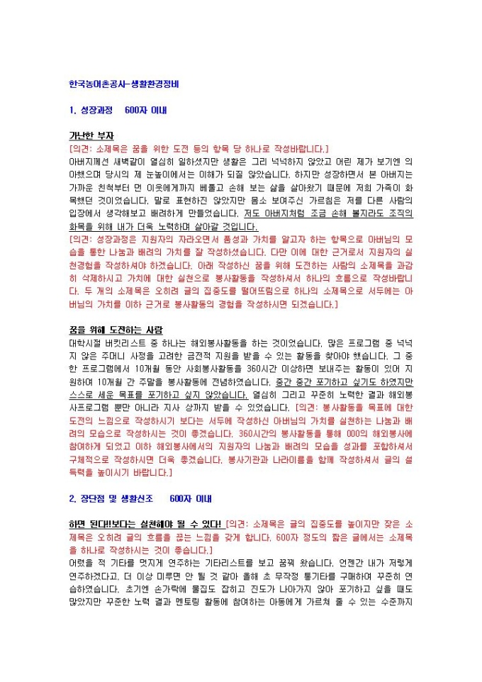 한국농어촌공사 생활환경정비 자기소개서 미리보기