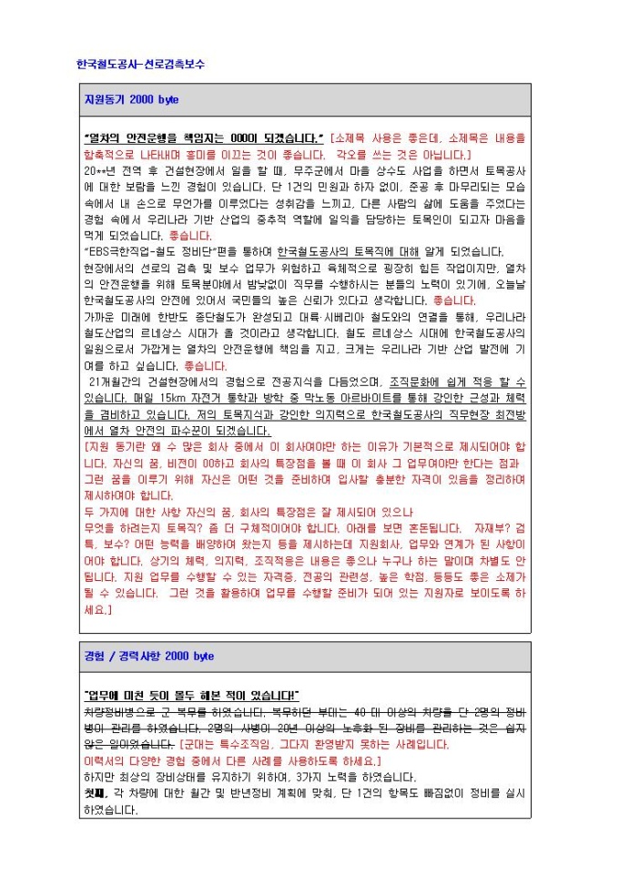 한국철도공사 선로검측보수 자기소개서 미리보기