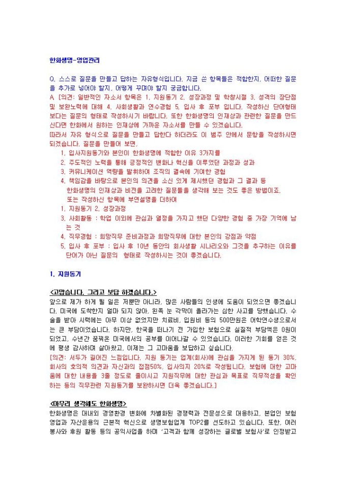 한화생명 영업관리 자기소개서 미리보기