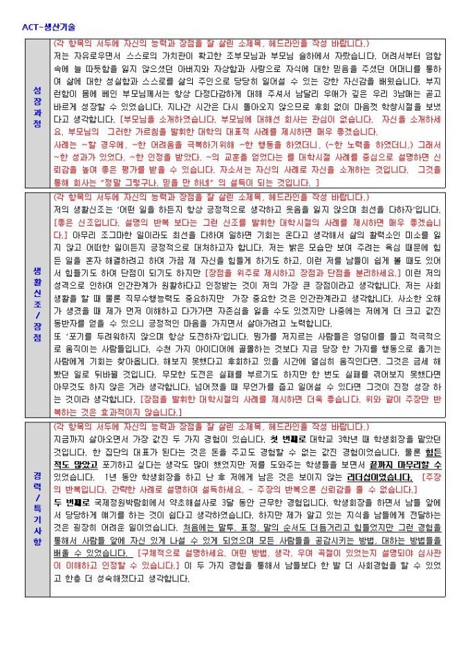 ACT 생산기술 자기소개서 미리보기