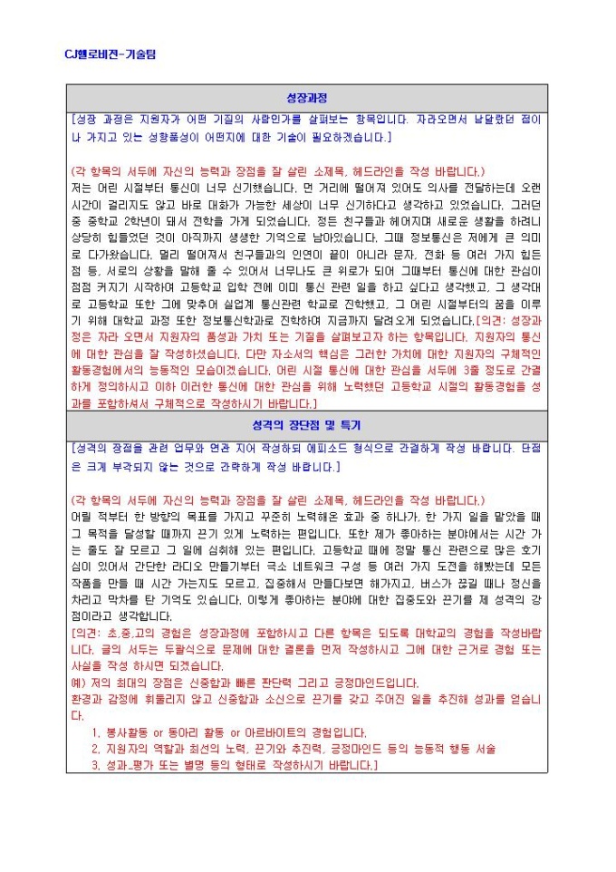 CJ헬로비전 기술팀 자기소개서 미리보기