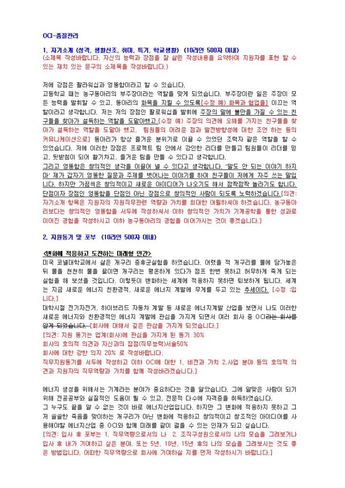 OCI 품질관리 자기소개서 02 미리보기