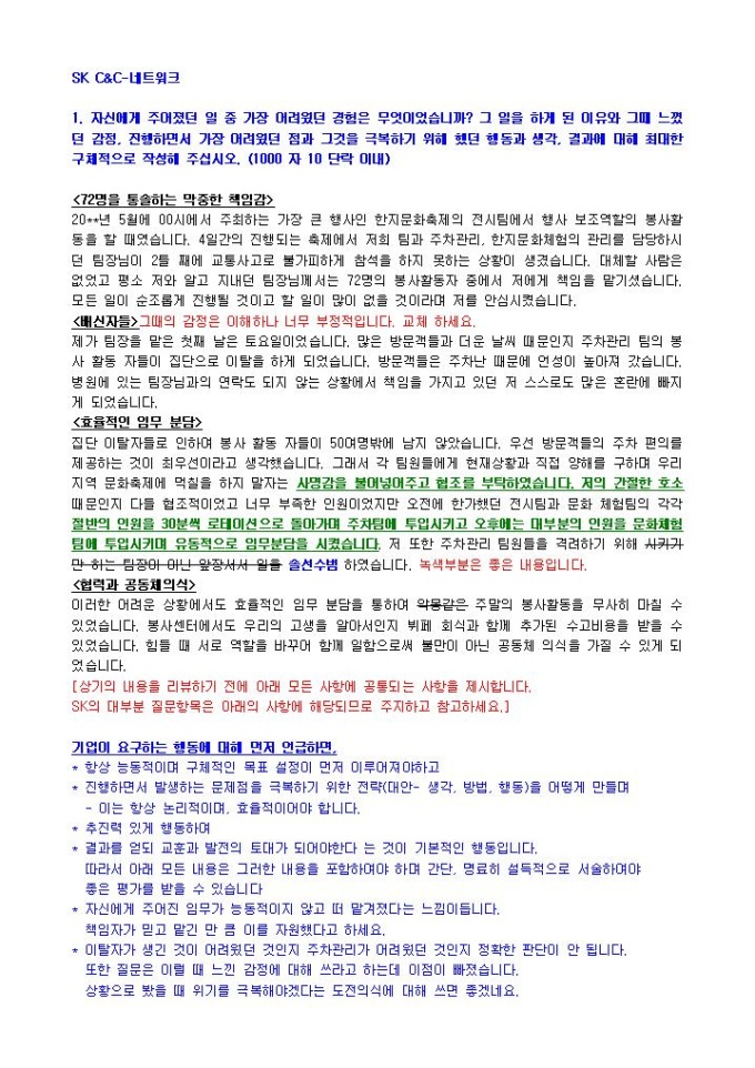 SK C&C 네트워크 자기소개서 미리보기