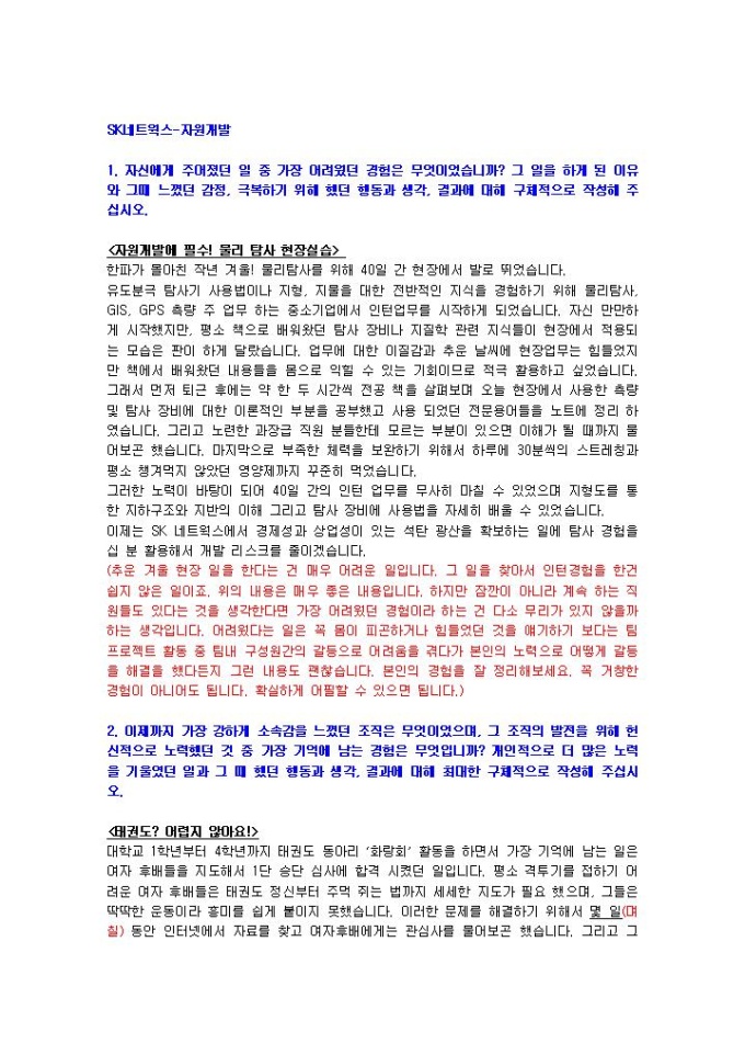 SK네트웍스 자원개발 자기소개서 미리보기