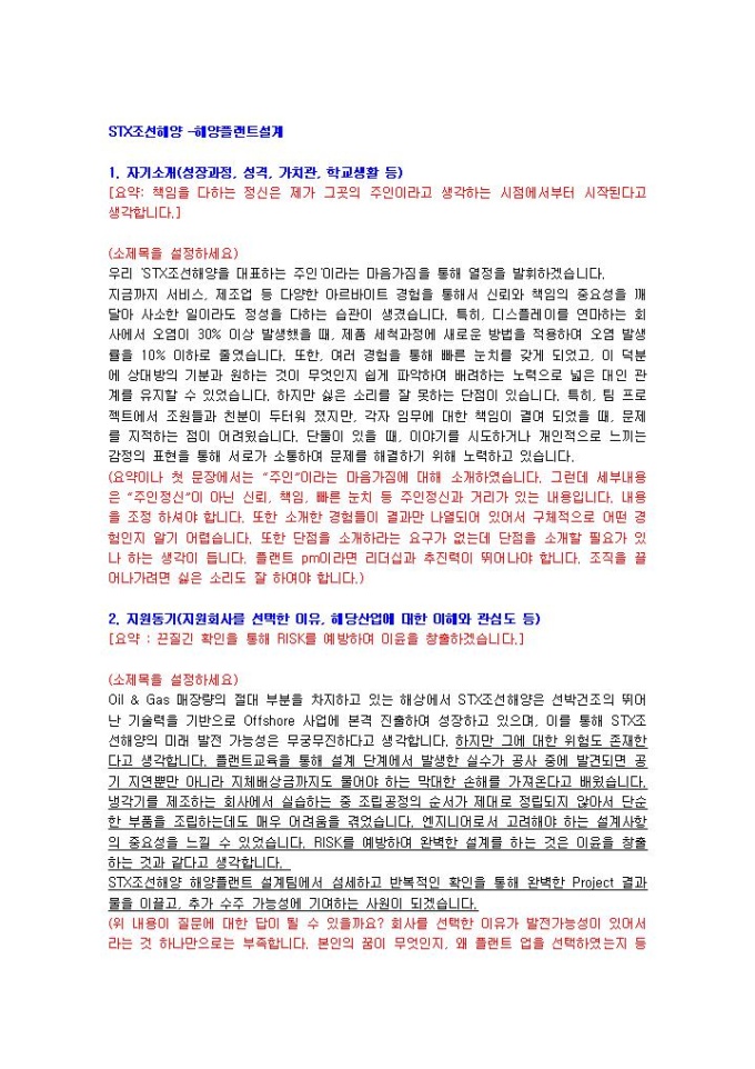 STX조선 해양플랜트설계 자기소개서 미리보기