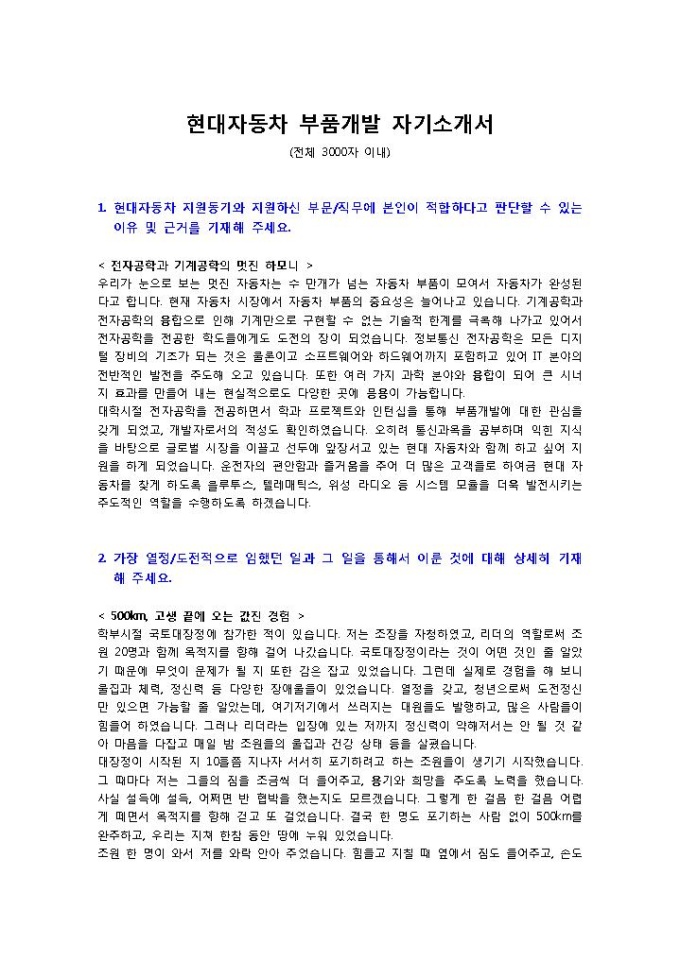 현대자동차 부품개발 자기소개서 미리보기