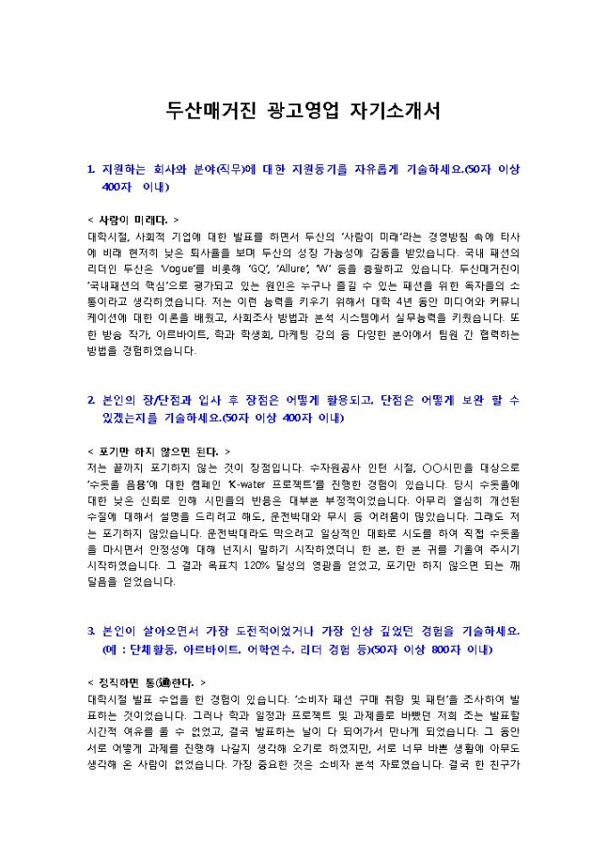 두산매거진 광고영업 자기소개서 미리보기