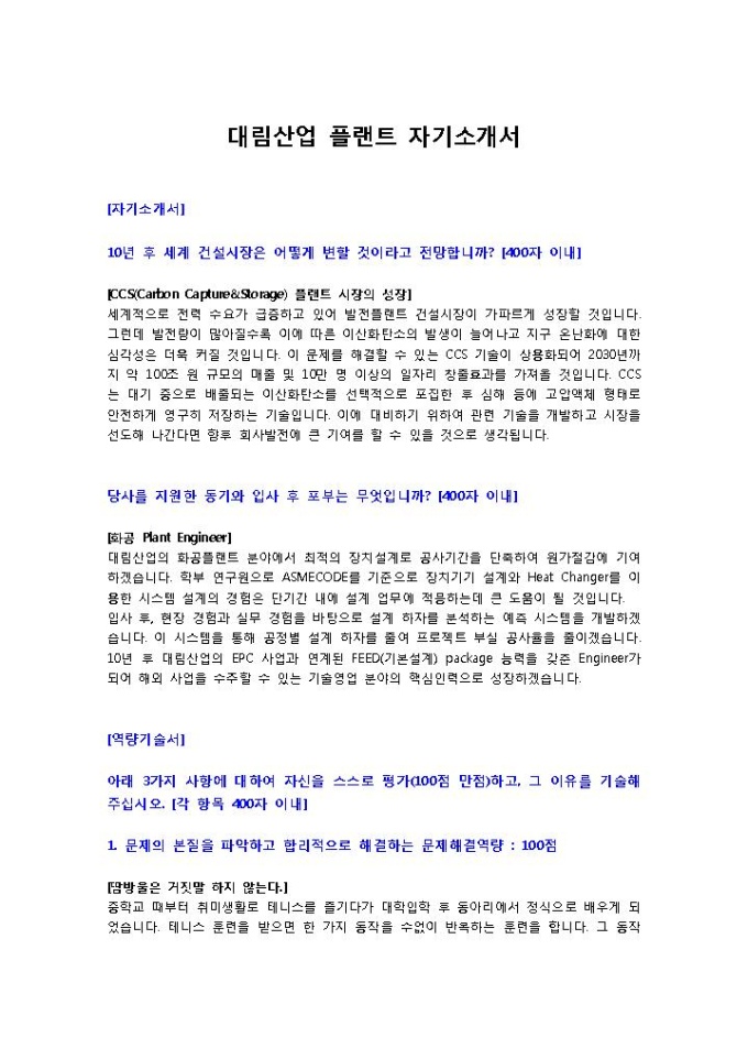 대림산업 플랜트 자기소개서 미리보기