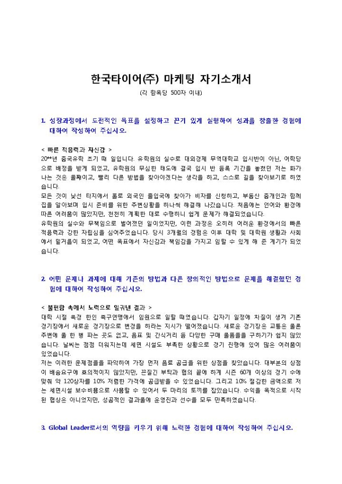 한국타이어 마케팅 자기소개서 미리보기