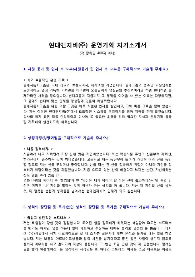 현대엔지비 운영기획 자기소개서 미리보기