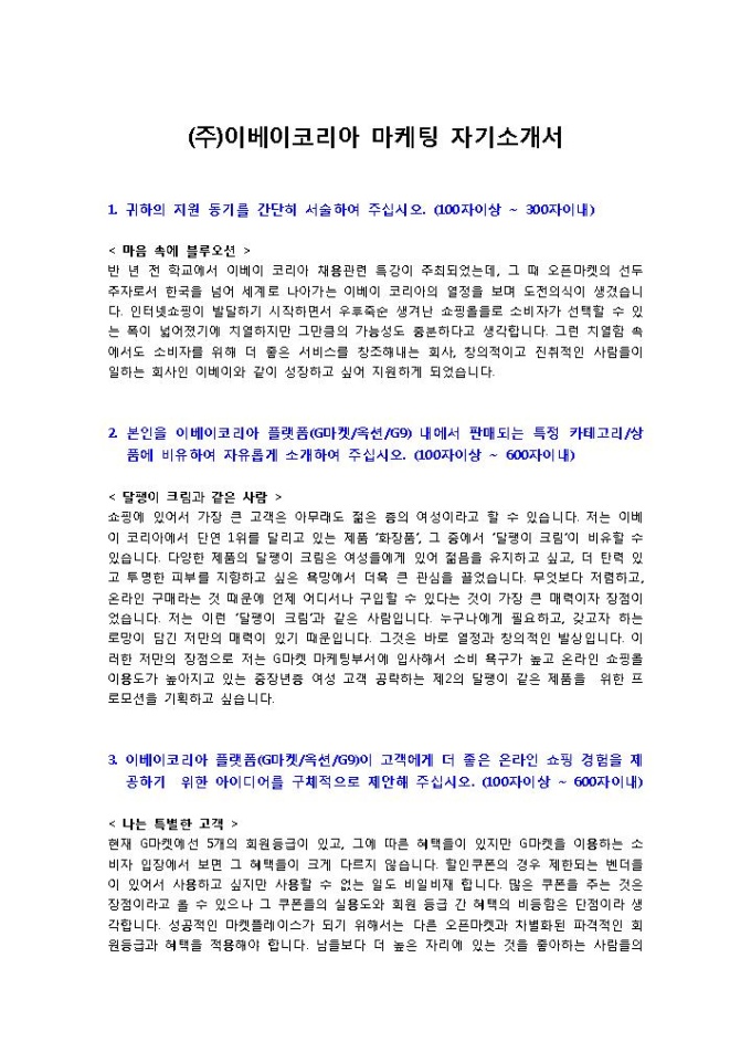이베이코리아 마케팅 자기소개서 미리보기