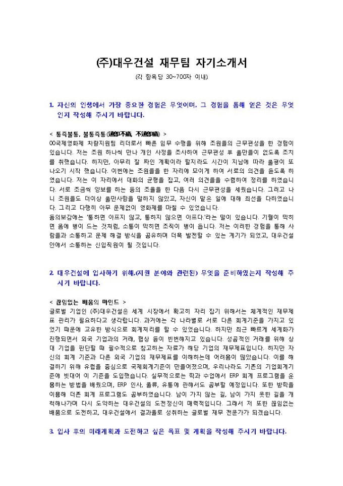 대우건설 재무팀 자기소개서 미리보기
