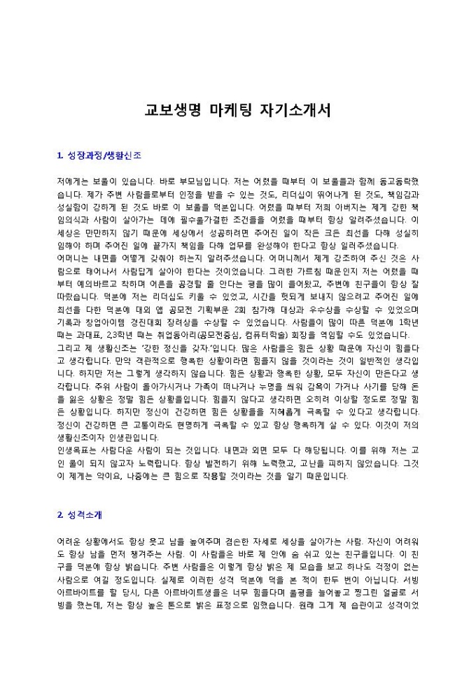 교보생명 마케팅 자기소개서 미리보기