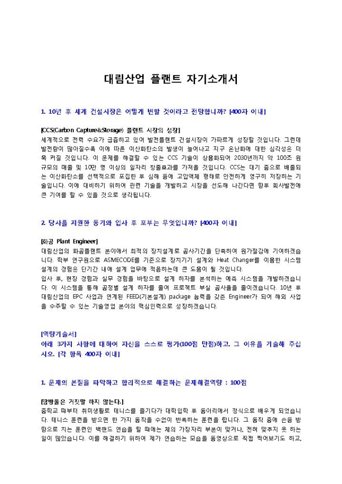대림산업 플랜트 자기소개서 미리보기