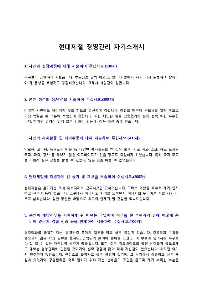현대제철 경영관리 자기소개서 미리보기