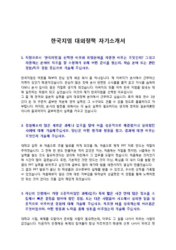 한국지엠 대외정책 자기소개서 미리보기