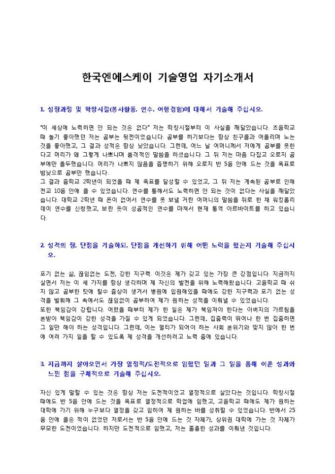 한국엔에스케이 기술영업 자기소개서 미리보기