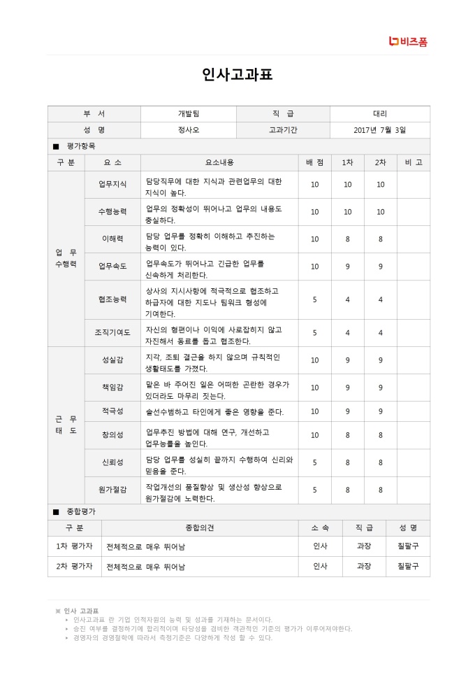 인사고과표 미리보기