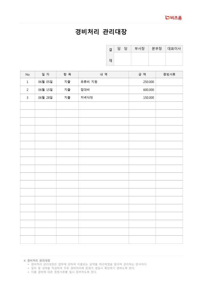 경비처리 관리대장 미리보기