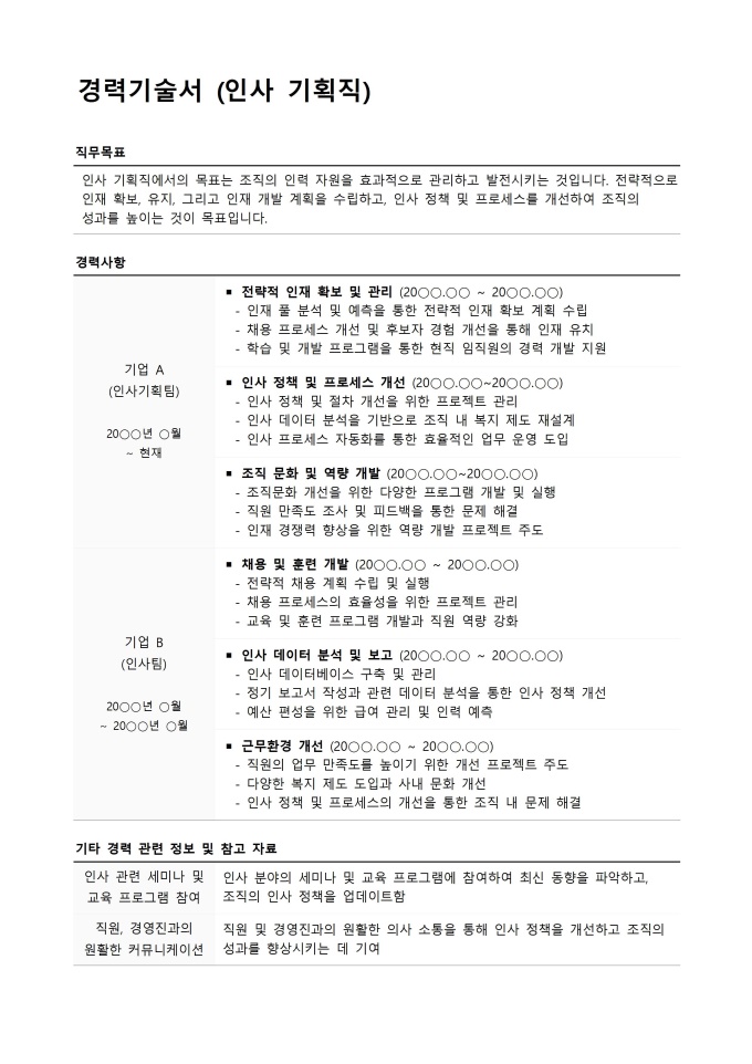 경력기술서 (인사기획직) 미리보기