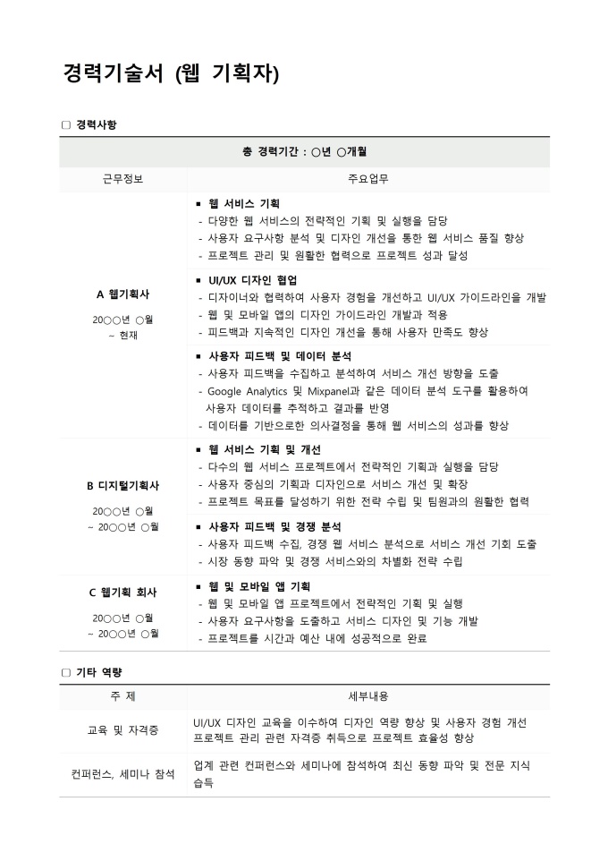 경력기술서 (웹 기획자) 미리보기