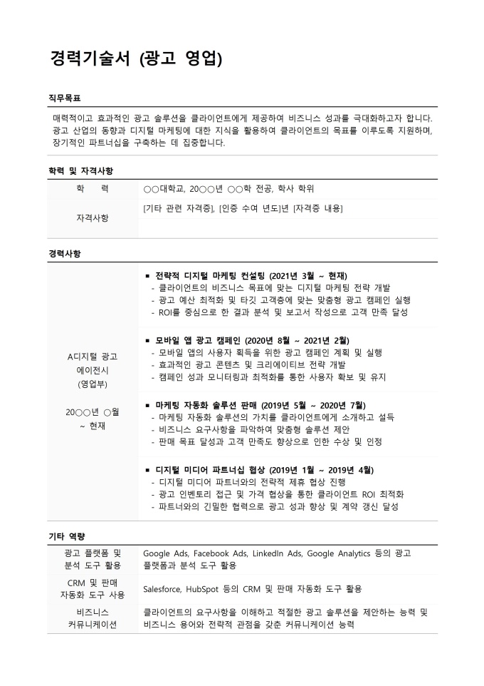 경력기술서 (광고 영업) 미리보기