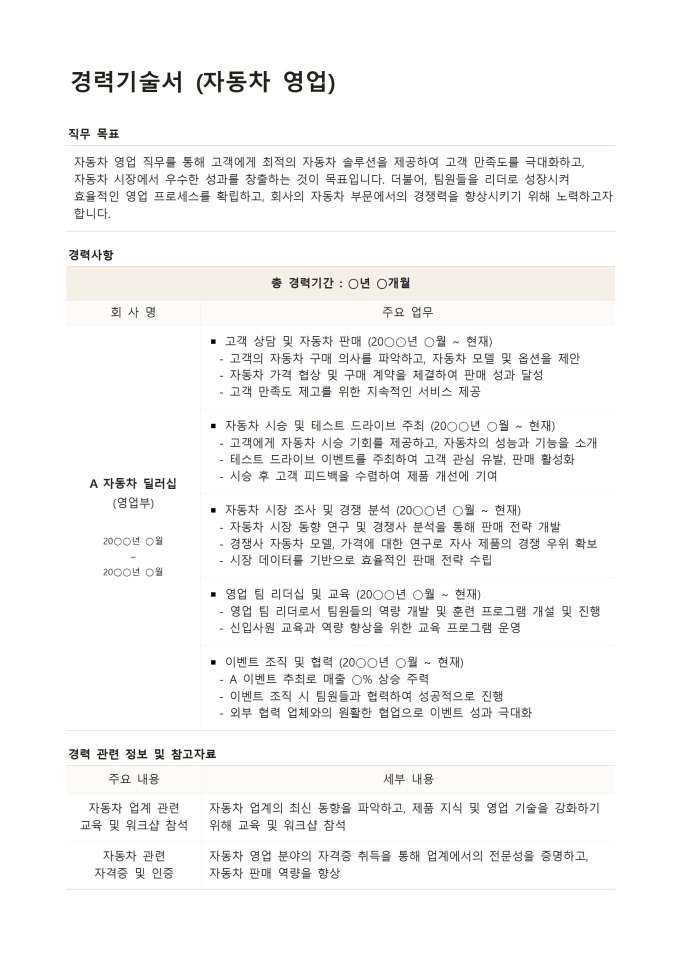경력기술서 (자동차 영업) 미리보기