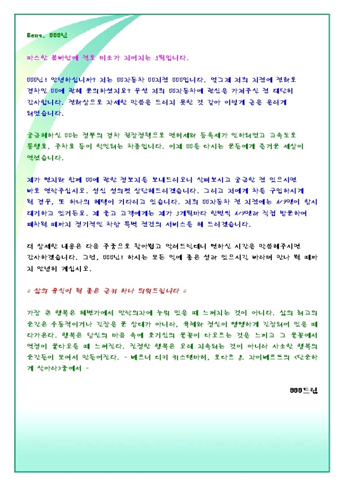 전화문의한 가망고객에게 자기소개 DM(자동차업_봄_밝은초록색디자인) 미리보기