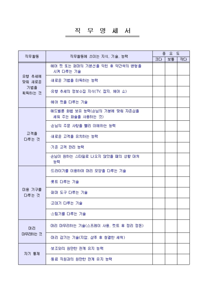 Krypton Sample 직무 명세서(미용사) 양식 다운로드 - 비즈폼