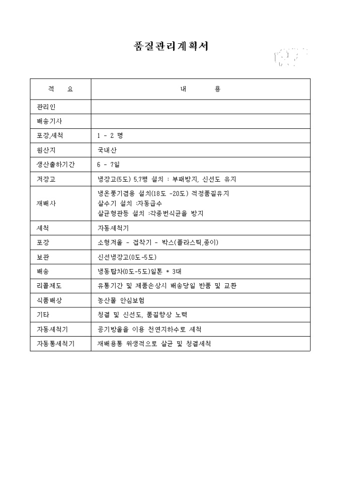 품질관리 계획서(식품재배 회사) 미리보기