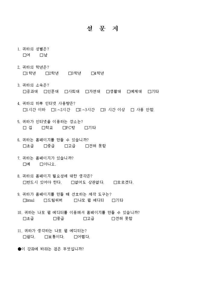인터넷사용조사 설문지 미리보기
