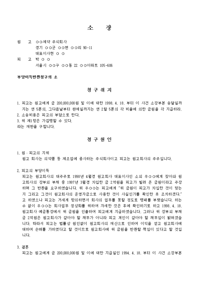 부당이득반환 청구소장 미리보기